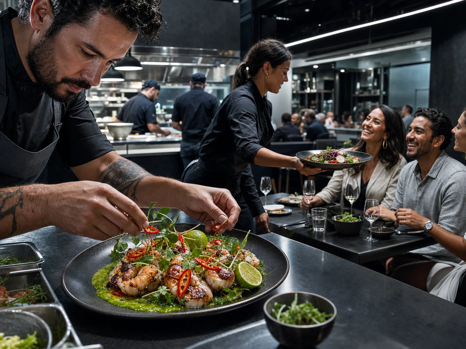 Chef latino emplata mariscos mientras el restaurante atiende a sus clientes