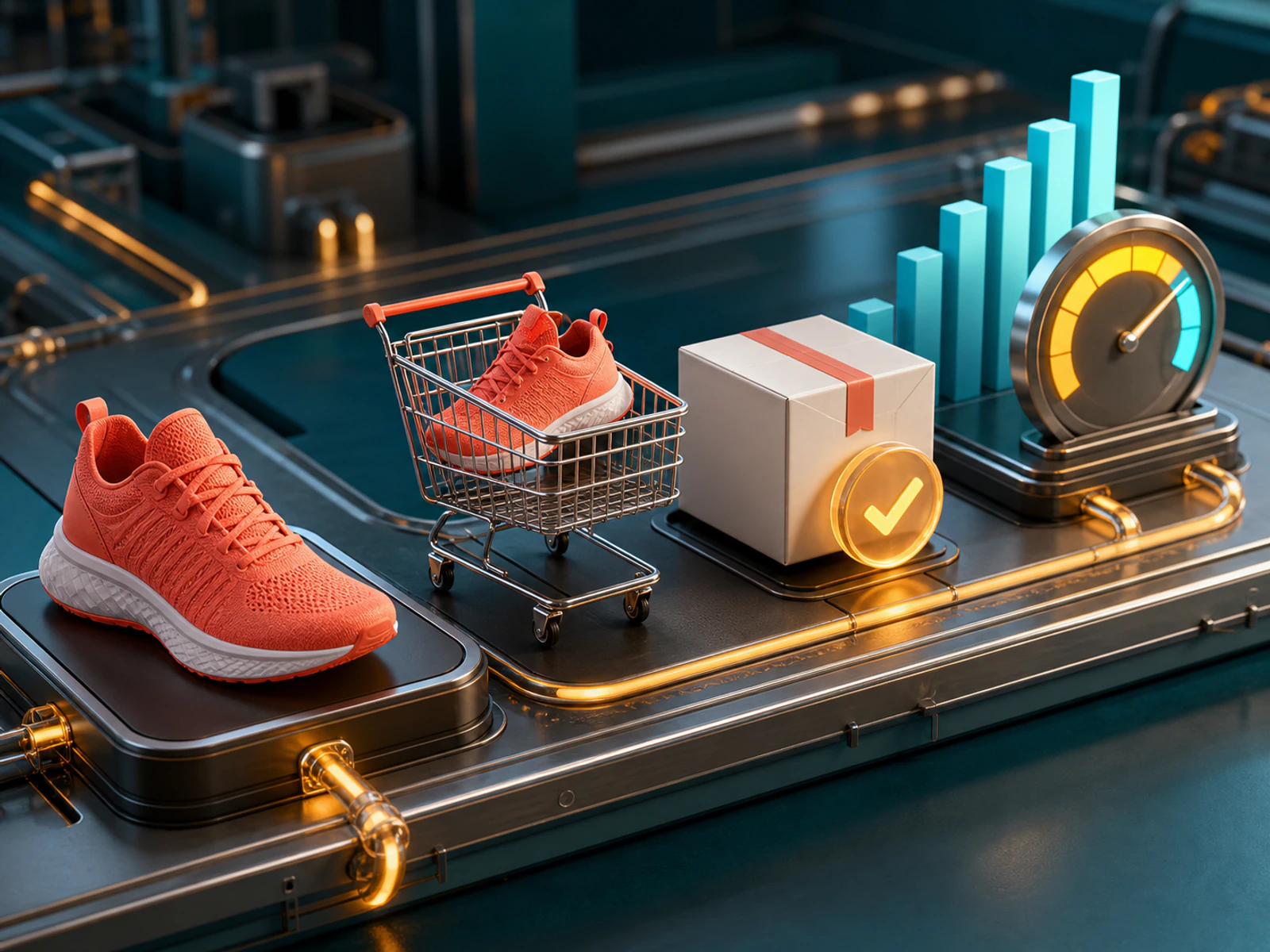 Flujo de ecommerce tridimensional conecta producto, carrito, paquete confirmado y métricas de rendimiento